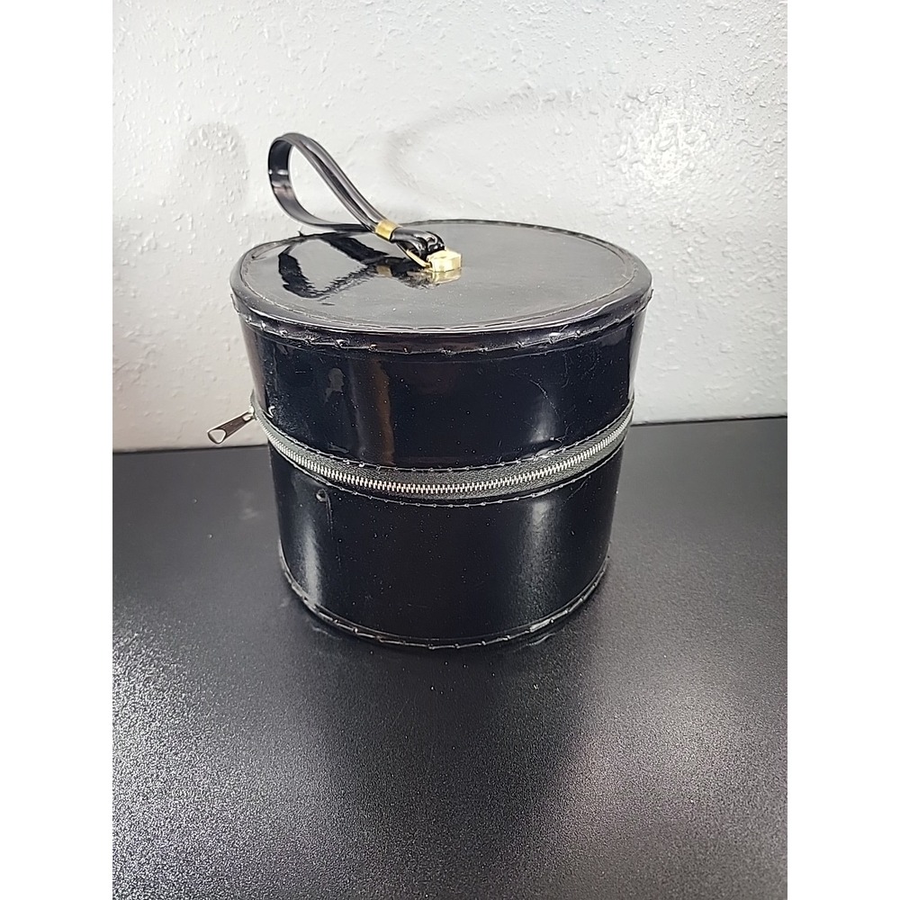 vintage black patent leather wig or hat storage‎ box, 1960s. MCM